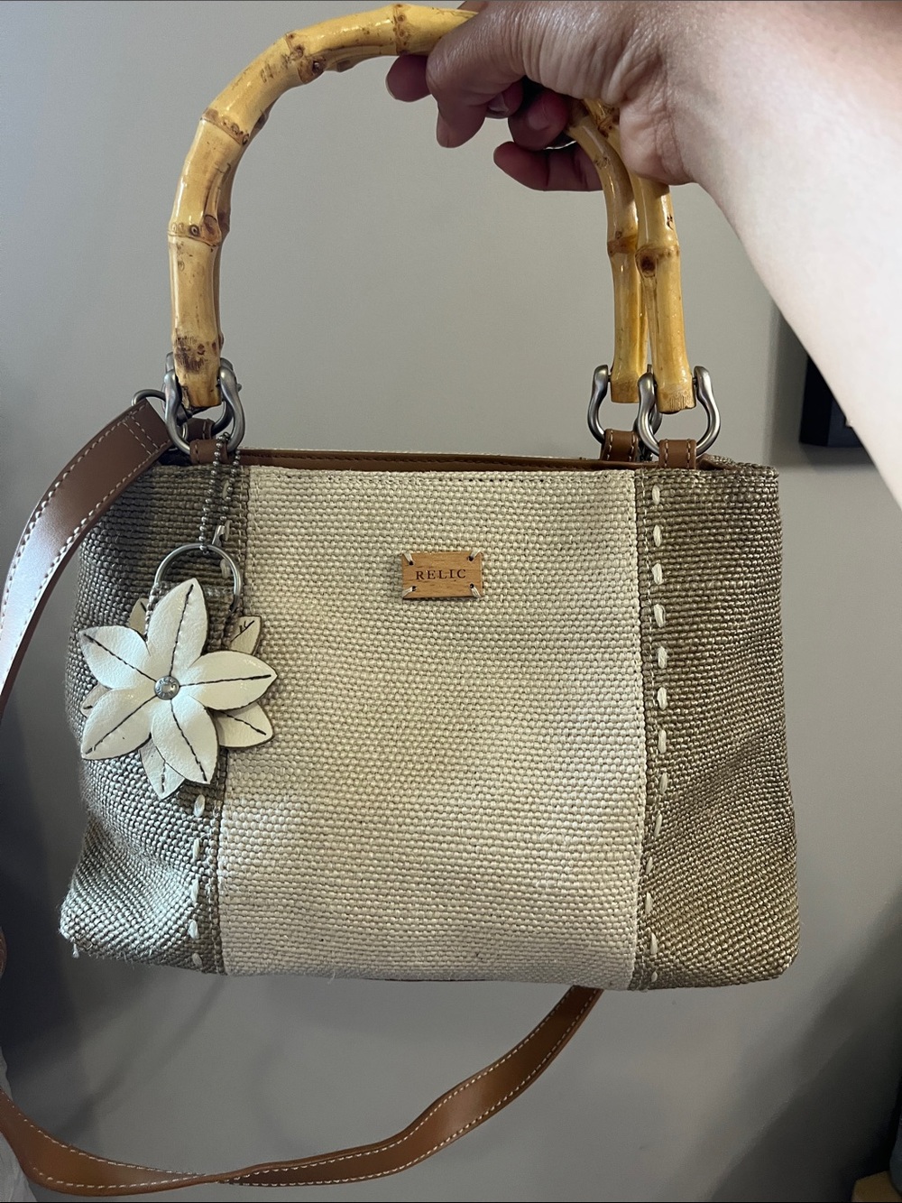 Relic Beige & Brown Bamboo-Handle Shoulder Tote with Flower Charm
